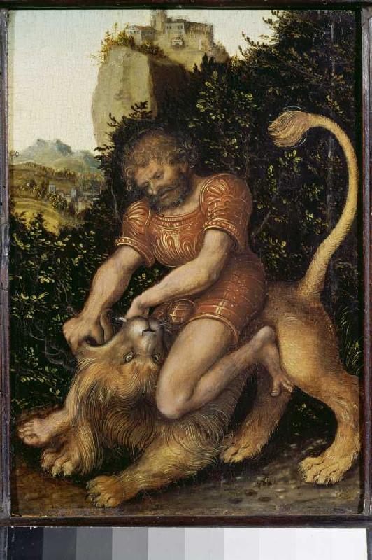Samson, den Löwen bezwingend. van Lucas Cranach (de oude)