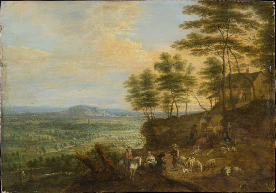 Landscape with Herd of Cattle before a Panoramic View van Lucas van Uden