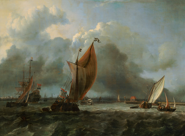 Zeilschepen op het IIJ bij Amsterdam. van Ludolf Backhuyzen