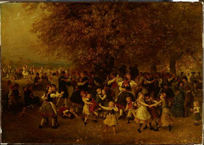 Das Kirchweihfest (Tanz unter den Linden vor einem hessischen Dorf) van Ludwig Knaus