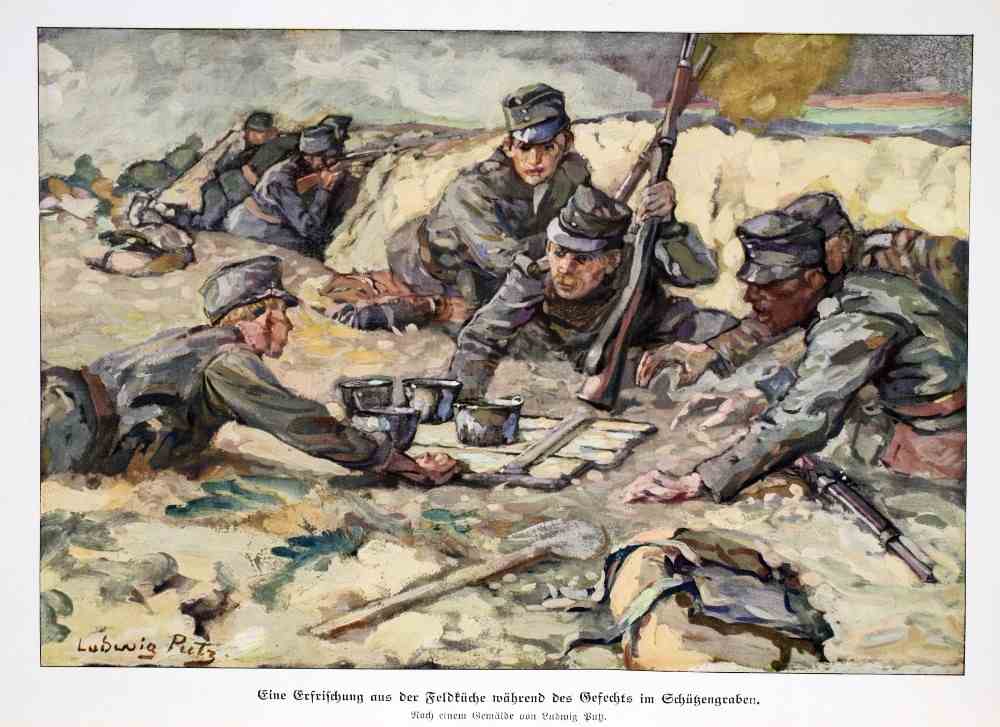 Refreshment during battle in the trenches van Ludwig Putz