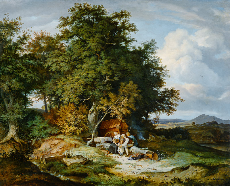 Herbstlicher Wald mit Schäferfamilie van Ludwig Richter