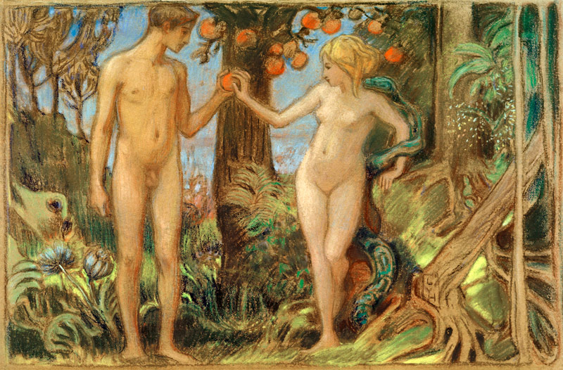Adam und Eva beim Baum der Erkenntnis van Ludwig von Hofmann