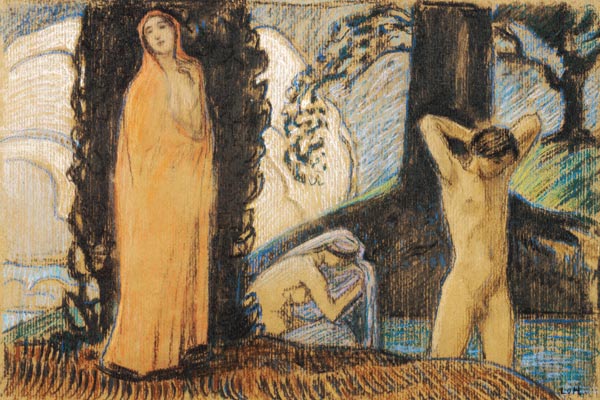 Dekorative Skizze mit zwei Frauen und einem Jüngling van Ludwig von Hofmann