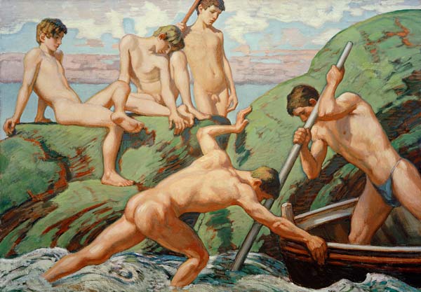 Naakte schippers (vissers) en jongens aan de groene oever van Ludwig von Hofmann