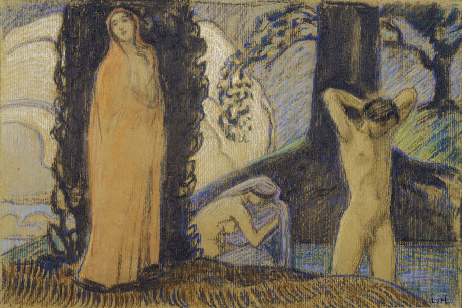 Zwei Frauen und ein Jüngling im Bade van Ludwig von Hofmann