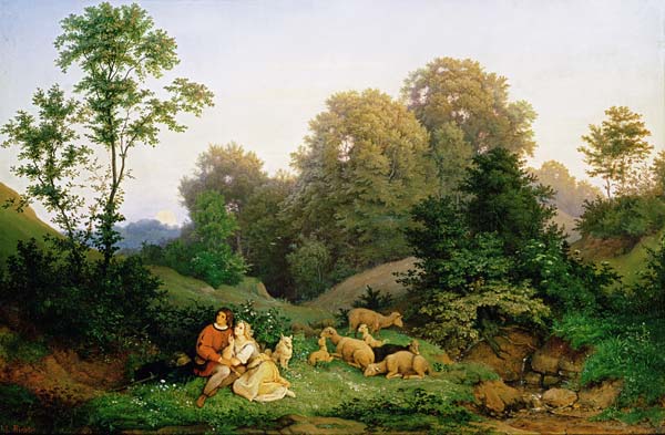 Shepherd and Shepherdess in a German landscape van Ludwig Adrian Richter