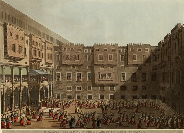 Mamluks exercising in the square of Murad Bey's Palace van Luigi Mayer