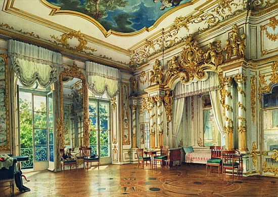 Bedroom of Tsar Alexander I in the Alexander Palace, Tsarskoye Selo, 1855 (w/c & white colour on pap van Luigi (Ludwig Osipovich) Premazzi