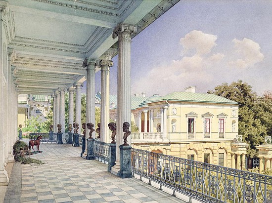 The Cameron Gallery at Tsarskoye Selo, 1859 (w/c & white colour on paper) van Luigi (Ludwig Osipovich) Premazzi