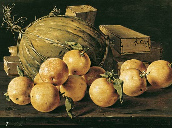 Still Life of Oranges, Melons and Boxes of Sweets van Luis Melendez