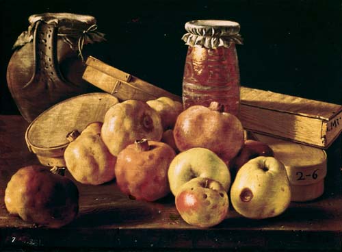 Still Life with Pomegranates, Apples, a Pot of Jam and a Stone Pot van Luis Melendez