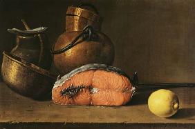 Still Life with a Piece of Salmon, a Lemon and Kitchen Utensils
