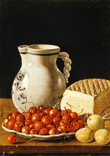 Still Life with cherries, cheese and greengages van Luis Egidio Melendez