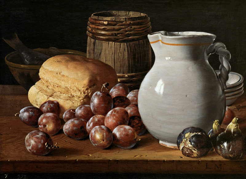 Still life with plums, figs, bread and jug van Luis Egidio Melendez