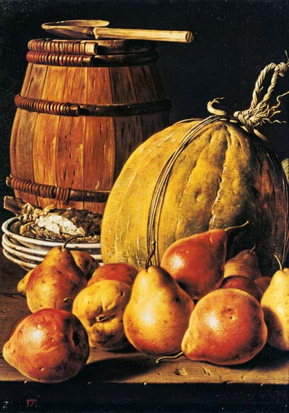 Still Life with pears, melon and barrel for marinading van Luis Egidio Melendez
