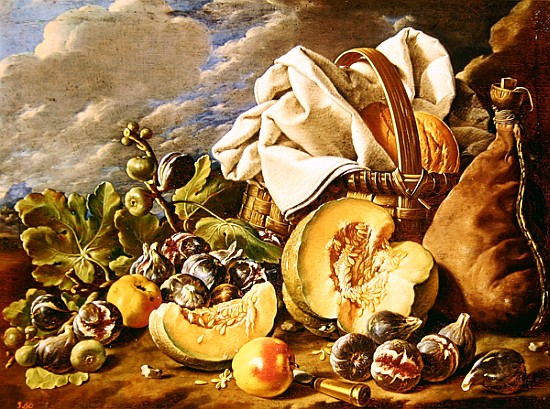 Still Life with figs, wicker basket, pumpkin, bread, wine skin and knife van Luis Egidio Melendez
