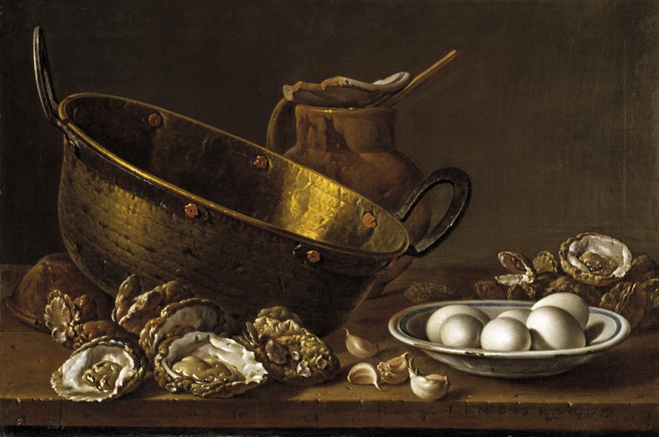 Still life with oysters, garlic and eggs van Luis Egidio Melendez