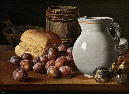 Still life with plums, figs, bread and jug