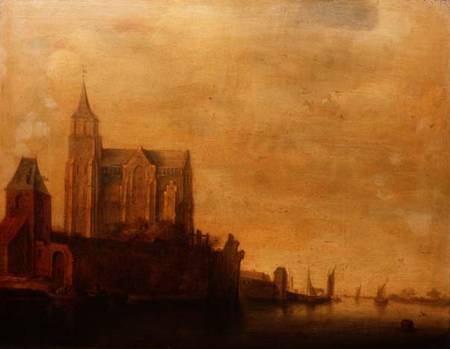 Groote Kerk with a View of the Main Tower, Emmerich in a River Landscape with Sailing Boats van Maerten Fransz van der Hulst
