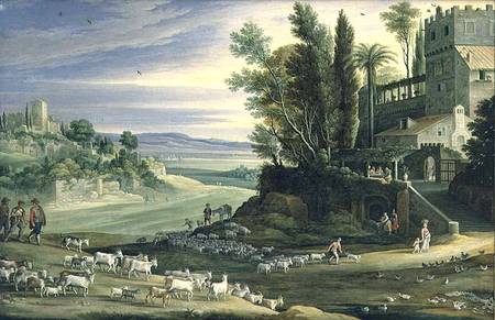 Landscape with Shepherds and the Supper at Emmaus van Maerten Ryckaert
