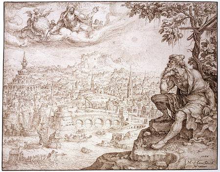 Jonah, Seated Under the Gourd, Contemplates the City of Nineveh van Maerten van Heemskerck