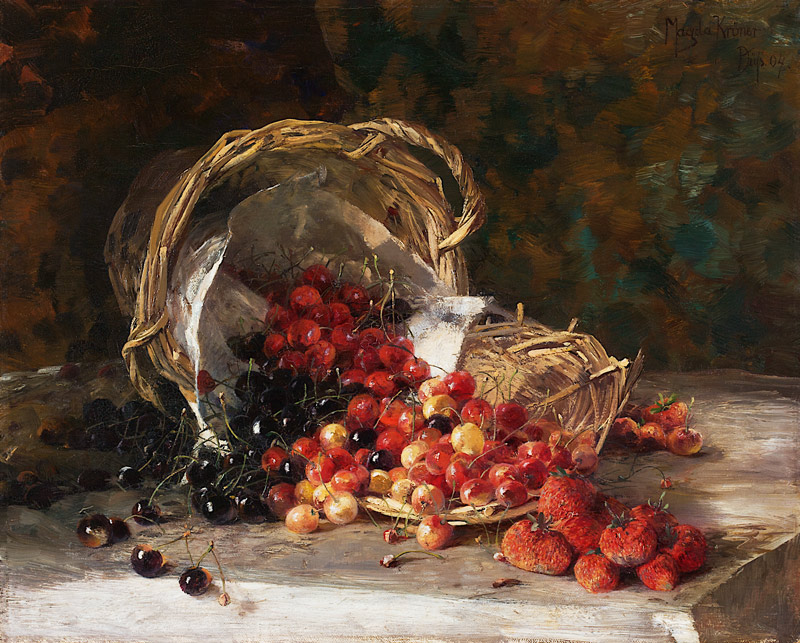 Stillleben mit Kirschen und Erdbeeren im geflochtenen Korb van Magda Kröner