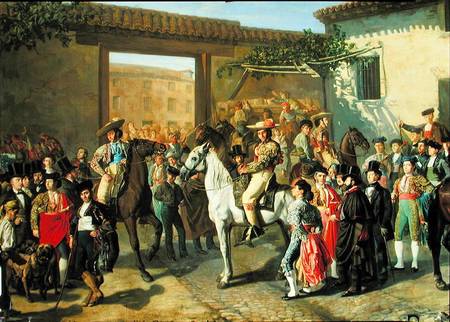 Horses in a Courtyard by the Bullring before the Bullfight, Madrid van Manuel Castellano
