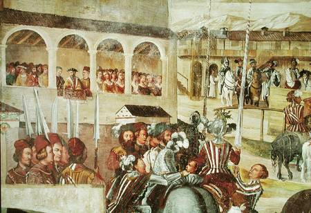 Tournament in Honour of Christian I (1426-81) of Denmark at Castello di Malpaga, detail from the lef van Marcello Fogolino