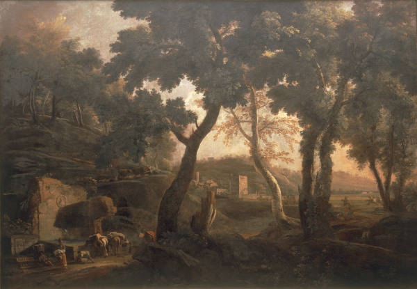 M.Ricci, Landschaft m. Pferden an Traenke van Marco Ricci