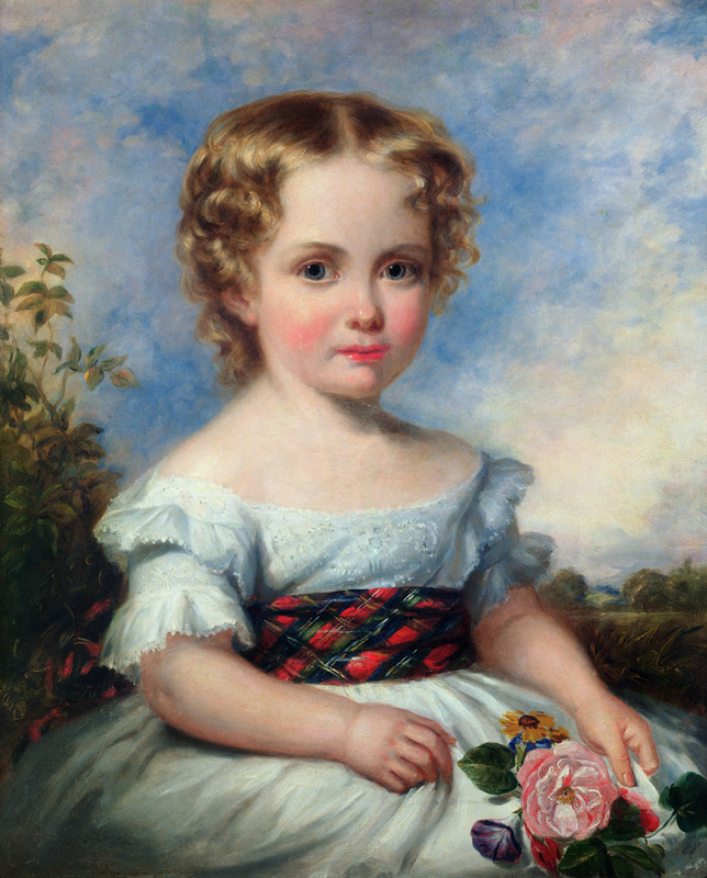 Portrait of a Young Girl with a Tartan Sash van Margaret Sarah Carpenter