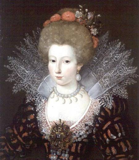 Portrait of a lady in a high lace collar and jewelled silk costume van Marguerite Bunel