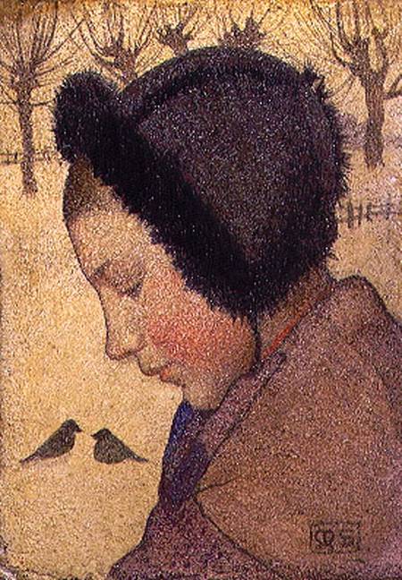 Head of a Young Girl in a Fur Hat (oil and gesso on board) van Marianne Stokes