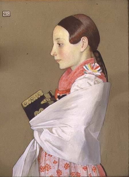Young Girl of Menguszfalva going to Church van Marianne Stokes