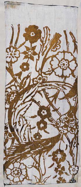 White fabric with floral decoration printed in gold, after 1910