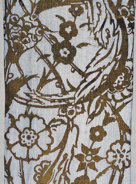 White fabric with floral decoration printed in gold, after 1910