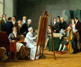 Atelierszene (Mme Vincent in ihrem Atelier, den Maler J.M.Vien malend) van Marie Gabrielle Capet