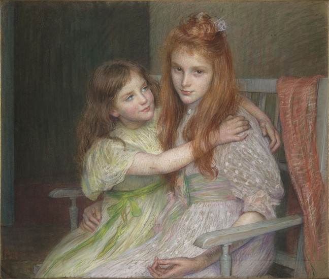 Two girls sitting on a bench van Marie-Louise Breslau