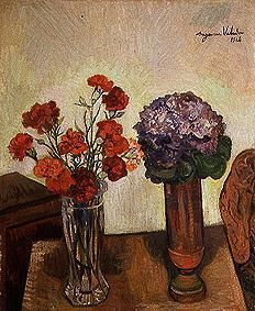 Zwei Vasen mit Nelken und Veilchen van Marie Clementine (Suzanne) Valadon