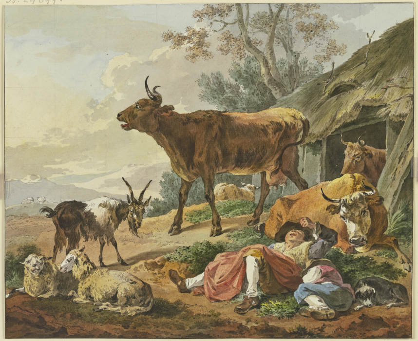 Rechts ein Stall, aus welchem zwei Kühe kommen, davor zwei schlafende Hirten mit ihrem Hund und eine van Marquard Wocher