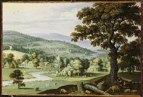 A river valley with a swineherd resting under a tree in the foreground, a hamlet beyond