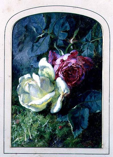 Roses and a ladybird on a mossy bank (board) van Martha Darley Mutrie