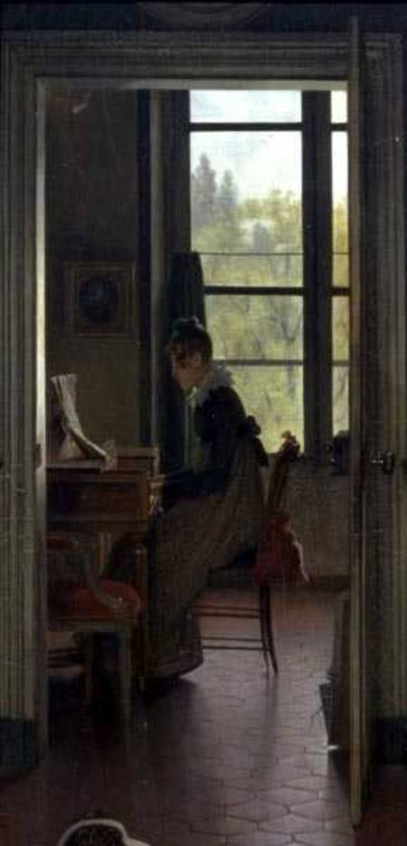 Interior of a Dining Room, detail of a woman playing the piano in the next room van Martin Drolling