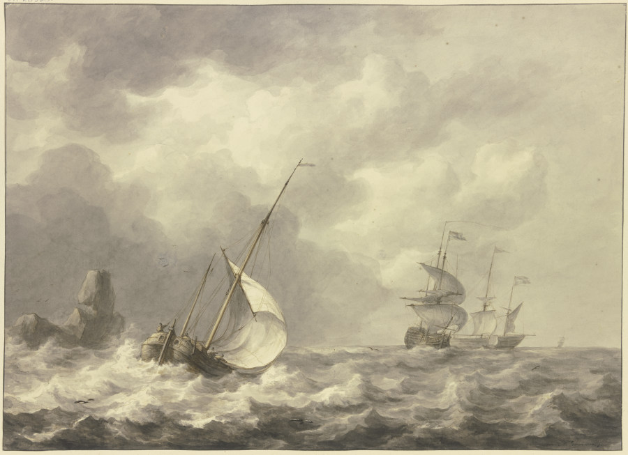 Drei Schiffe und Boot nach rechts, viertes Boot ist in die Brandung eines Felsens geraten. van Martinus Schouman