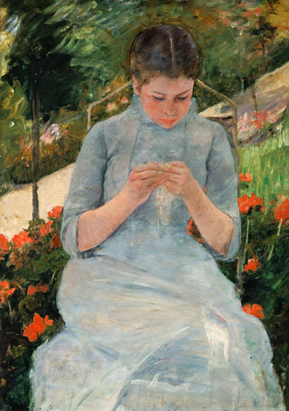 Junge strickende Frau im Garten van Mary Cassatt