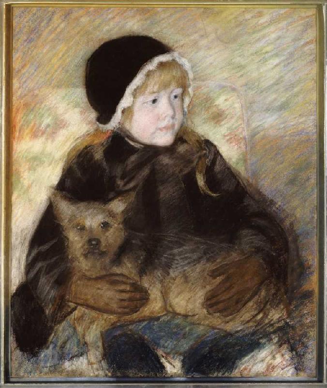 Elsie Cassatt, einen großen Hund haltend van Mary Cassatt