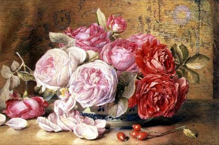Pink and Red Roses in a Bowl van Mary Elizabeth Duffield