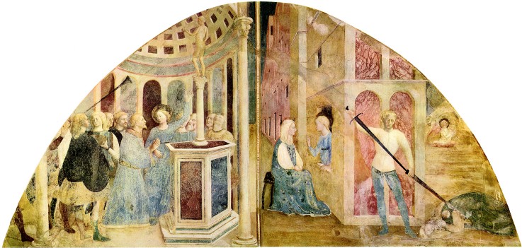 Saint Catherine and the Emperor Maxentius. Fresco in the Basilica di San Clemente van Masolino da Panicale
