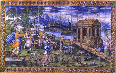 Tile depicting the Story of Noah: Embarking in the Ark van Masseot Abaquesne