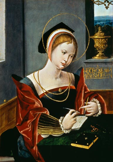 Portrait of a lady writing van Master of the Female Half Lengths